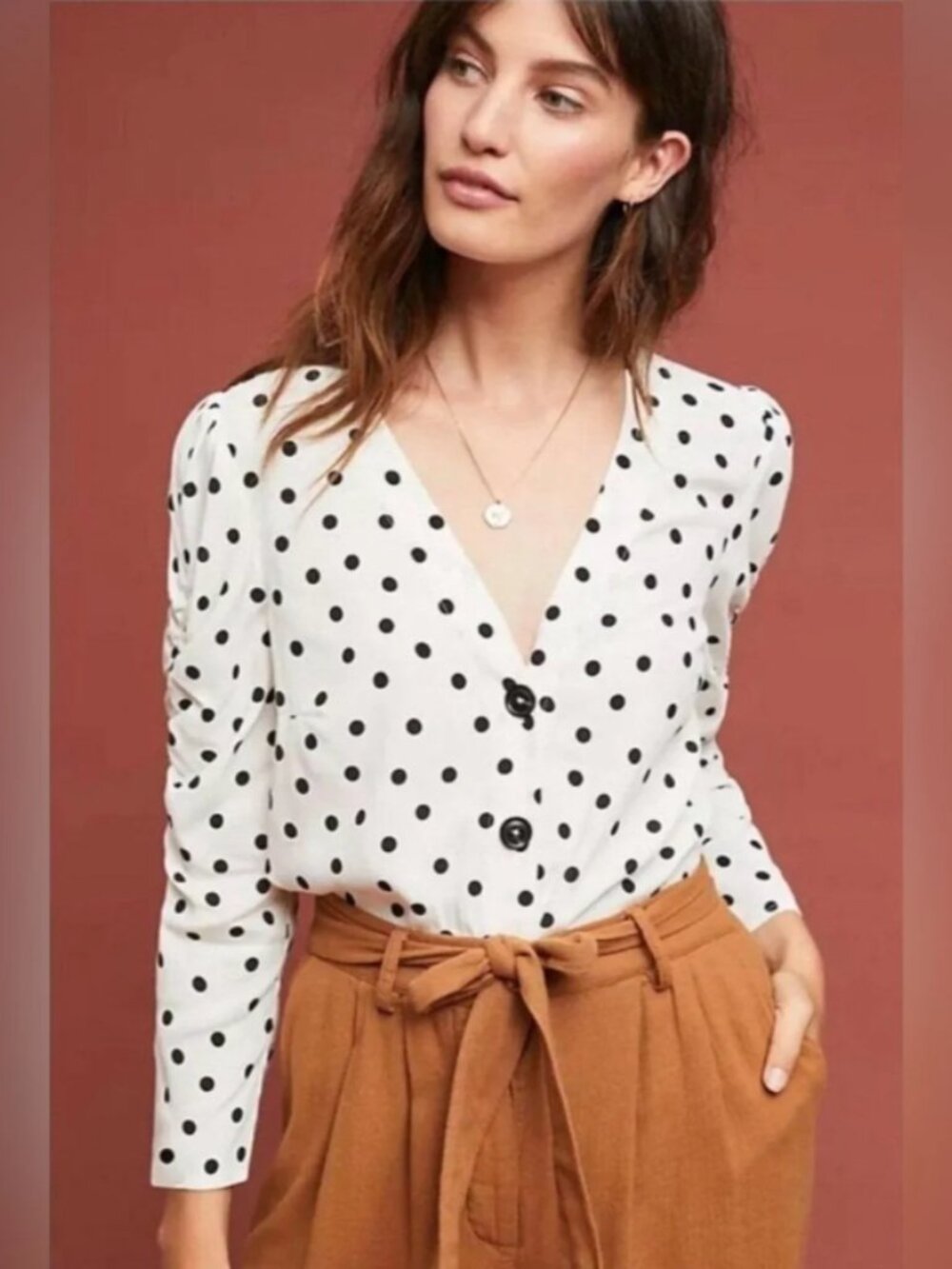 XS Maeve White Black Polka Dot V-Neck Ruched Sleeve Blouse